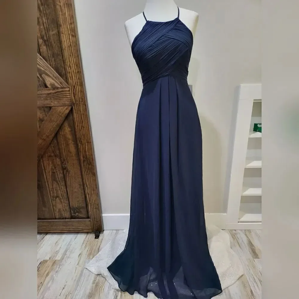 Levkoff 7001 Halter Neck Chiffon A-Line Gown in Navy NWT size 2